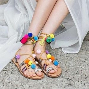 CATHERINE MALANDRINO Tribal Lace-Up Pom-Pom Sandal